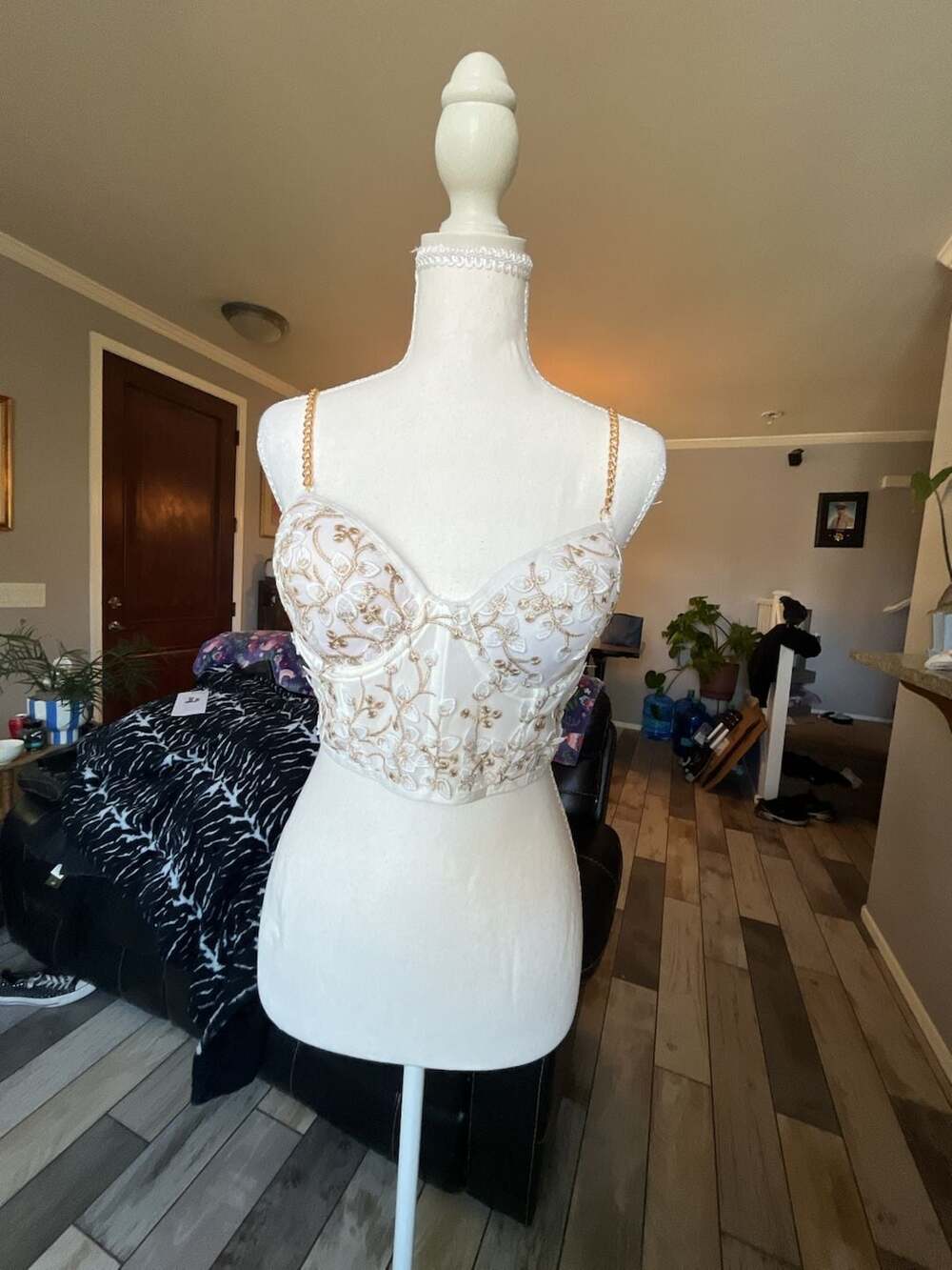 Floral Semi-Sheer Mesh Lace Crop Corset Top with Gold Chain Straps